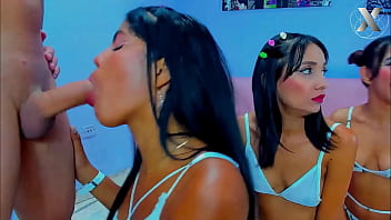 Preview 1 of Chut Me Mut Diya Porn Video - Slutty stepsisters get together to give a surprise blowjob to their stepfather