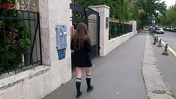 Preview 1 of Oilly Pussy - Melody flashes her pussy and boobs on the streets of Budapest while wearing a sexy uniform! - DOLLSCULT