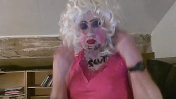 Preview 4 of Kiss Beautiful - CD Sissy Sarah Millward knows her ID,  as indicated by what&#039_s written on her face and chest - &#039_fag slut&#039_ -   as she smokes,  wanks her clit,  and stuffs a dildo up her nasty lady hole