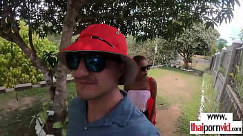 Preview 1 of Public Baby Lake - Cute small titted amateur Thai teen Cherry sucking a big white cock outdoor