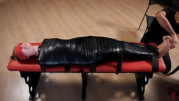 Preview 2 of Lina Croft - A difficult challenge for Leya - Tight PVC mummification and intensive foot tickling