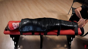 Preview 3 of Lina Croft - A difficult challenge for Leya - Tight PVC mummification and intensive foot tickling