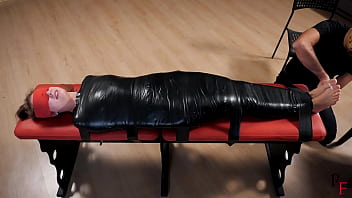 Preview 4 of Lina Croft - A difficult challenge for Leya - Tight PVC mummification and intensive foot tickling