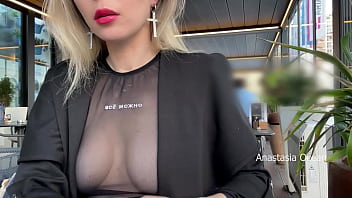 Preview 4 of Asian Mom Yoga - Flashing tits in cafe with glass walls so all people outside see me. Transparent t-shirt no bra.