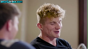 Preview 2 of Virgin Sister Scream - Tattooed blond twink barebacks bottom BF on the couch