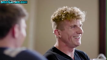 Preview 3 of Virgin Sister Scream - Tattooed blond twink barebacks bottom BF on the couch