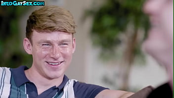 Preview 4 of Virgin Sister Scream - Tattooed blond twink barebacks bottom BF on the couch