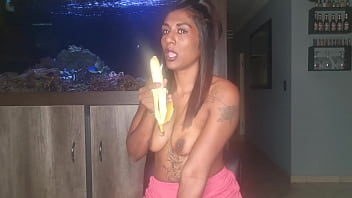 Preview 2 of Sunny Xxxxxbf - Topless desi squeezes her boobs as she sucks and deepthroats on a banana