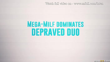 Preview 4 of Chat Romince - Mega-MILF Dominates Depraved Duo - Bridgette B,  Coco Lovelock,  Kaiia Eve / Brazzers  / stream full from www.zzfull.com/inten