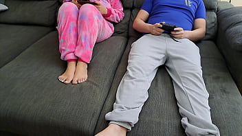 Preview 2 of Eat Me Squirt Lesbian - Stepsister sucks stepbrother and eats his sperm while he plays video games