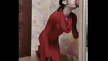 Preview 1 of Czech Rim - Crossdresser in elegant dress sucks big dildo