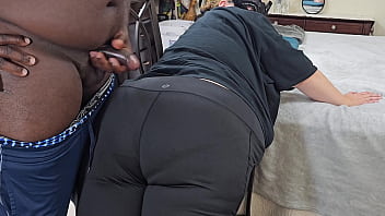 Preview 3 of Brazzer Sister And Brother Sex - Sexy Big Ass Curvy Blonde Milf In Yoga Pants Twerking &amp_ Teasing Black Guy,  Resulting In Cum On Ass (Shooting Big Load)