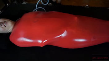 Preview 1 of 3gp Big Boobs Milf - Extra Kinky Slippery Latex Sack with Gas Mask and Lesbian Edging