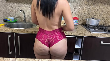 Preview 4 of Dr Kush3 - Encontre a mi Madrastra Cocinando en Cacheteros con su Enorme Culo y Me Quede Para Ayudarla - Mi Hijastro Tuvo una Ereccion Cuando Vio mi Culo en la Cocina y No se Quiere ir