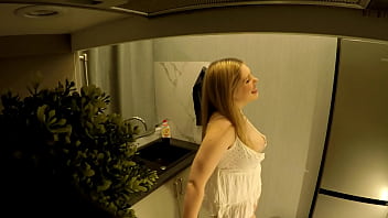Preview 3 of Xnxxxfather And Daughter - Big Ass Big Tits Pantiless Tight Pussy Girl in the Kitchen talks about Sex and her Experience in a Swinger Club with 5 Guys and Her Alone with Boyfriend