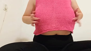 Preview 3 of Japan Massage Aunt - Cowgirl in pink top plays with big boobs - DepravedMinx