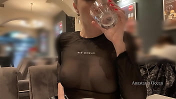 Preview 4 of Nice Lip Kissing Video - My nipples became hard under a see-through blouse in a crowded cafe.
