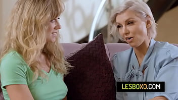 Preview 1 of White Aunty Sexvideos - Blonde stepmom fingers her stepdaughter&#039_s pussy - Kenzie Taylor,  River Lynn
