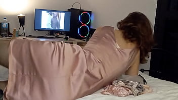 Preview 4 of School Girl Fuking Xxx Hot - 1146 - White Slut in Satin Dress and Thong,  Stockings,  Heels,  Doggy Style,  Blowjob,  Rimming