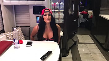 Preview 2 of Old Lady Fuck To Young Boys - Nikki Bella Teases Fans Pressing Her Boobs On The Table