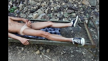Preview 2 of Brunettte Teen With Natural Big - Outside bed frame jerk