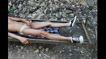 Preview 1 of Brunettte Teen With Natural Big - Outside bed frame jerk