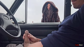 Preview 1 of Chti Baci Xxxx - Public Handjob in Car Furcoat Outdoor Parking Lot Huge Facial