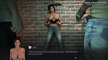 Preview 1 of Hindi Mein X Bf Janwar Wali - Big Tits Tomb Raider Lara Croft Babe Sucks A Big Black Cock And A Big White Cock. Hot Interracial Double Blowjob | Croft Adventures | 3D Animated Hentai Game | Part #3