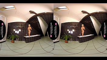 Preview 2 of Mom 20mom - Solo blonde with big tits, Lena Love masturbating in bathroom, in VR.