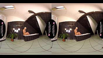 Preview 3 of Mom 20mom - Solo blonde with big tits, Lena Love masturbating in bathroom, in VR.