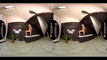 Preview 1 of Mom 20mom - Solo blonde with big tits, Lena Love masturbating in bathroom, in VR.