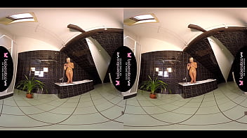 Preview 4 of Mom 20mom - Solo blonde with big tits, Lena Love masturbating in bathroom, in VR.